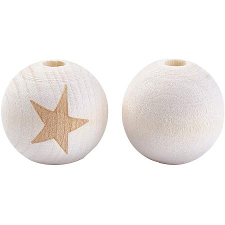 NBEADS 40pcs Wood Beads with Stars, Dyed Round Large Hole Spacer Curved Star 20mm Smooth Unfinished Wooden Loose Beads for Crafts DIY Jewelry Making, Burlywood