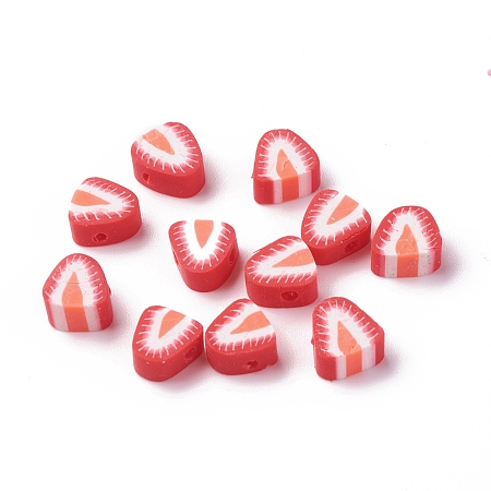 Honeyhandy Handmade Polymer Clay Beads, Strawberry Slice, Red, 9.5~12x9.3~10x5~5.5mm, Hole: 1.8mm
