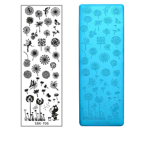 Honeyhandy Stainless Steel Nail Art Stamping Plates, Nail Image Templates, Rectangle with Dandelion Pattern, Stainless Steel Color, 120x40mm