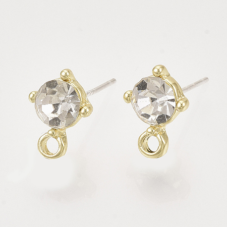 Honeyhandy Alloy Stud Earring Findings, with Glass Rhinestones, Loop and Raw(Unplated) Pin, Golden, Crystal, 11.5x8.5mm, Hole: 1.8mm, Pin: 0.7mm