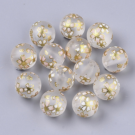 Printed Transparent Resin Beads, Frosted, Round with Sakura Flower Pattern, Clear, 11.5x11mm, Hole: 2mm