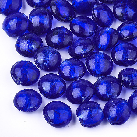 Handmade Silver Foil Lampwork Glass Beads, Flat Round, Blue, 12~13.5x11.5~13.5x7.5~8.5mm, Hole: 1~2mm