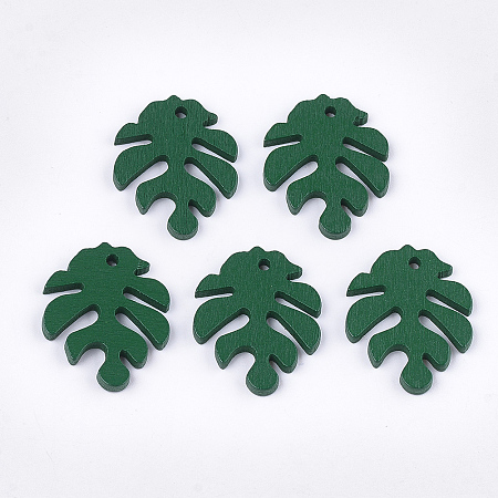 Honeyhandy Painted Poplar Wood Pendants, Tropical Leaf Charms, Monstera Leaf, Green, 30x24x2.5~3mm, Hole: 1.5~2mm