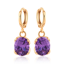 Honeyhandy Real 18K Gold Plated Hot Trends Oval Brass Rhinestone Dangle Hoop Earrings, Purple Velvet, 25x8mm