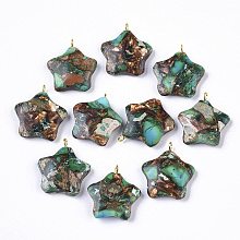 Honeyhandy Assembled Synthetic Imperial Jasper and Bronzite Pendants, with Golden Tone Iron Loop, Dyed, Star, Sea Green, 23~24x21x5mm, Hole: 2mm