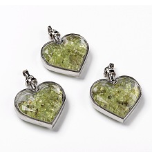 Honeyhandy Glass Bottle Pendants, with Natural Peridot Chips and Platinum Plated Alloy Findings, Heart, 40x32.5x11mm, Hole: 8x5mm