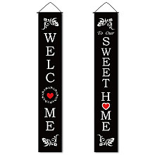 CREATCABIN Welcome Home Porch Sign Red Love Heart Flower Hanging Banner Wall Decor Poster Banners for Holiday Home Fireplace Indoor Outdoor Garden Party Decor 11.8 x 70.8inch (Black)