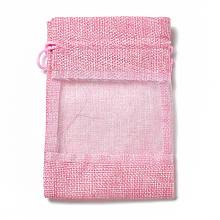 Linen Pouches, Drawstring Bags, with Organza Windows, Rectangle, Pearl Pink, 14x10x0.5cm