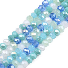 Honeyhandy Electroplate Glass Beads Strands, Faceted, Rondelle, Light Sky Blue, 4.5x3.5mm, Hole: 1mm, about 140~143pcs/strand, 18.90 inch~19.29 inch(48cm~49cm)