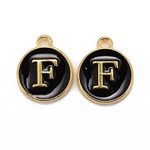 Honeyhandy Golden Plated Alloy Charms, Cadmium Free & Lead Free, with Enamel, Enamelled Sequins, Flat Round with Letter, Black, Letter.F, 14x12x2mm, Hole: 1.5mm