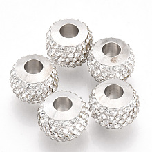 Honeyhandy Polymer Clay Rhinestones European Beads, Large Hole Beads, with Platinum Plated Brass Single Cores, Rondelle, Crystal, 11x8mm, Hole: 4.5mm