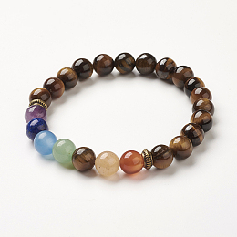 Honeyhandy Yoga Chakra Jewelry, Natural Tiger Eye Beads Stretch Bracelets, 2-3/8 inch(60mm)