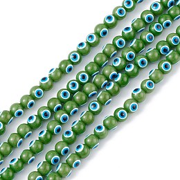 Baking Painted Glass Beads, Round with Evil Eye, Green, 6x5mm, Hole: 1.2mm, about 63~68pcs/strand, 13.70~15.04(34.8~38.2cm)