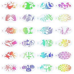 GORGECRAFT 24PCS Face Paint Stencils Body Painting Template Halloween Theme Skull Spider Witch Bat Pumpkin Pattern Reusable Soft Tattoo Stencils for Cosplay Halloween Party Body Makeup Art Painting