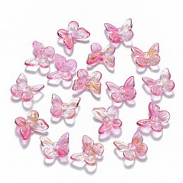 Honeyhandy Two Tone Transparent Spray Painted Glass Charms, with Glitter Powder, Butterfly, Hot Pink, 9.5x11x3mm, Hole: 0.8mm