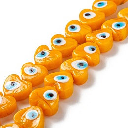 Honeyhandy Handmade Evil Eye Lampwork Beads, Heart, Orange, 14.5~15x15.5~16x6.5~7.5mm, Hole: 1~1.6mm, about 25pcs/strand, 14.02~13.66 inch(34.7~35.6cm)