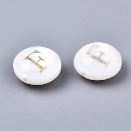 Honeyhandy Natural Freshwater Shell Beads, with Golden Plated Brass Etched Metal Embellishments, Flat Round, Seashell Color, Letter.F, 8x3~5mm, Hole: 0.5~07mm