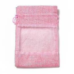 Linen Pouches, Drawstring Bags, with Organza Windows, Rectangle, Pearl Pink, 14x10x0.5cm