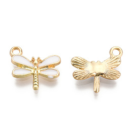 Honeyhandy Light Gold Plated Alloy Charms, with Enamel, Dragonfly, White, 14.5x15.5x3mm, Hole: 1.8mm