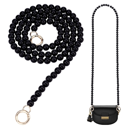 PandaHall Elite Black Plastic Imitation Pearl Round Beaded Bag Handles, with Zinc Alloy Spring Gate Rings, for Bag Replacement Accessories, Light Gold, 120cm
