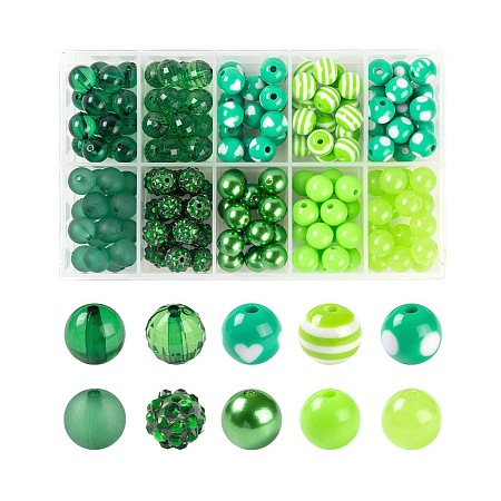 Arricraft 160Pcs/Box 10 Styles Opaque & Transparent, Resin Rhinestone, Imitation Pearl and Solid Color Chewing Gum Acrylic Beads, Gumball Beads, Round, Green, 16pcs/style