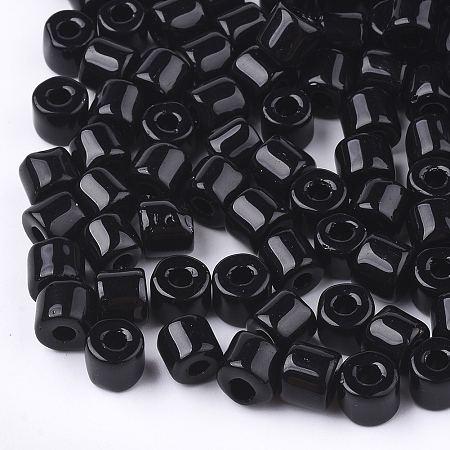 Honeyhandy Opaque Glass Bugle Beads, Round Hole, Black, 7~7.5x6~6.5mm, Hole: 2.5mm, about 800pcs/bag