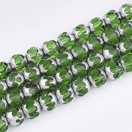 Electroplate Glass Beads Strands, Half Silver Plated, Faceted, Round, Lime Green, 8~8.5x7~8mm, Hole: 1mm; about 40pcs/strand, 11.8 inches