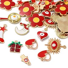 Alloy Enamel Pendants, Mixed Shape, Mixed Metal Color, Red, 8~40x4.5~30.5x1~5mm, Hole:0.8~3mm