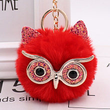 Honeyhandy Pom Pom Ball Keychain, with KC Gold Tone Plated Alloy Lobster Claw Clasps, Iron Key Ring and Chain, Owl, Red, 12cm