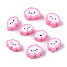 Honeyhandy Handmade Polymer Clay Beads, Cloud with Smiling Face, Pearl Pink, 6~8.5x10~11.5x4.5~5.5mm, Hole: 1.8mm