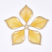 Cotton Thread Woven Pendants, with Alloy Findings, Leaf, Golden, Gold, 43x26.5x2mm, Hole: 1.8mm