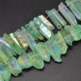 Honeyhandy Electroplated Natural Quartz Crystal Beads Strands, Nuggets, Tusk Shape, AB Color, Dyed, Light Green, 7~15x18~60mm, Hole: 1mm, about 46pcs/strand, 16 inch