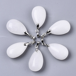 Honeyhandy Natural White Jade Pendants, with Stainless Steel Pinch Bails, Teardrop, Stainless Steel Color, 24x15x9~10mm, Hole: 5x4mm