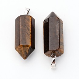 Honeyhandy Brass Natural Tiger Eye Pendants, Bullet, Platinum, Pointed Pendant, 33~36x12mm, Hole: 5x7mm