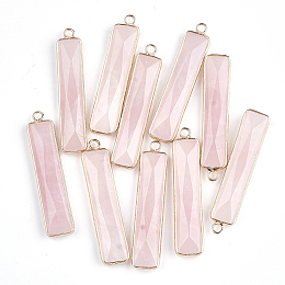 Honeyhandy Natural Rose Quartz Pendants, with Brass Findings, Faceted, Rectangle, Golden, 46.5x10x5mm, Hole: 2mm