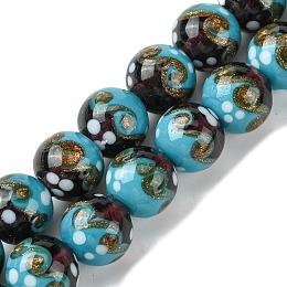 Handmade Gold Sand Lampwork Beads Strands, Round, Deep Sky Blue, 12mm, Hole: 1.4mm, about 33pcs/strand, 14.76''(37.5cm)