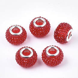 Honeyhandy Resin Rhinestone European Beads, Large Hole Beads, with Platinum Tone Brass Double Cores, Rondelle, Berry Beads, Red, 14x10mm, Hole: 5mm