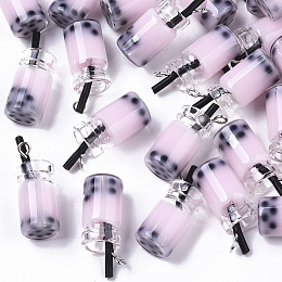 Honeyhandy Glass Bottle Pendants, with Resin Inside, Imitation Bubble Tea/Boba Milk Tea, Pearl Pink, 27x12x10mm, Hole: 1.8mm