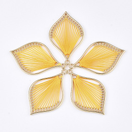 Cotton Thread Woven Pendants, with Alloy Findings, Leaf, Golden, Gold, 43x26.5x2mm, Hole: 1.8mm