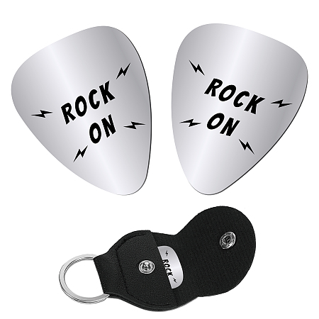 CREATCABIN 2pcs Stainless Steel Guitar Picks Rock On Guitar Pick Music Gift Electric Guitar Bass Rock Pick Accessories for Husband Boyfriend Son Father with PU Leather Keychain 1.26 x 0.86 Inch
