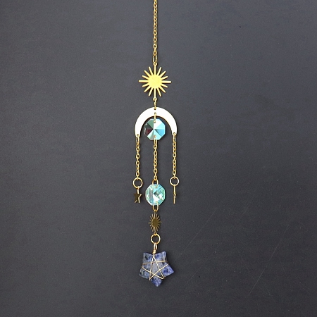 Honeyhandy Natural Sodalite Star Sun Catcher Hanging Ornaments with Brass Sun, for Home, Garden Decoration, Golden, 400mm