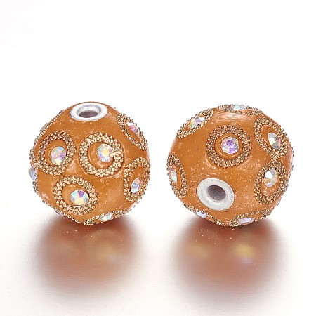 Round Handmade Indonesia Beads, with Rhinestones and Silver Plated Alloy Cores, Sandy Brown, 23x21mm, Hole: 3mm