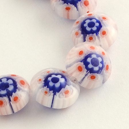 Handmade Millefiori Glass Beads Strands, Flat Round, Medium Blue, 8x3mm, Hole: 1mm, about 50pcs/strand, 14.1 inch