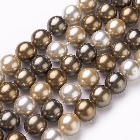 Electroplate Shell Pearl Beads Strands, Round, Dark Goldenrod, 10mm, Hole: 1mm; about 18pcs/strand, 7 inches(17.6cm)
