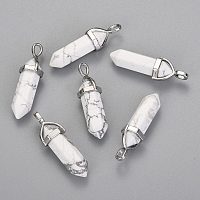 Honeyhandy Natural Howlite Double Terminated Pointed Pendants, with Random Alloy Pendant Hexagon Bead Cap Bails, Bullet, Platinum, 36~45x12mm, Hole: 3x5mm, Gemstone: 10mm in diameter