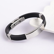 Honeyhandy Trendy PU Leather Cord Bracelets, with 304 Stainless Steel Slider Charms and Watch Band Clasps, Black, 68x54mm