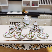 Honeyhandy Mini Ceramic Tea Sets, including Teacup, Saucer, Teapot, Cream Pitcher, Sugar Bowl, Miniature Ornaments, Micro Landscape Garden Dollhouse Accessories, Pretending Prop Decorations, Flower Pattern, 15pcs/set