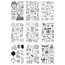 GLOBLELAND 9 Sheets Mixed Theme Silicone Clear Stamps Seal for Card Making Decor and DIY Scrapbooking(Train Wine Bottle Helicopter Travel Holiday Seaside Animal Barbecue)