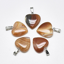 Honeyhandy Natural Banded Agate/Striped Agate Pendants, Dyed, with Stainless Steel Snap On Bails, Heart, Stainless Steel Color, Sienna, 22~24x20~21x5~7mm, Hole: 3~4x7~8.5mm