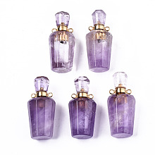 Honeyhandy Faceted Natural Amethyst Pendants, Openable Perfume Bottle, with Golden Tone Brass Findings, Bottle, 36x15.5x15mm, Hole: 1.8mm, Bottle Capacity: 1ml(0.034 fl. oz)